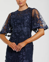 Navy Flutter Sleeve Floral Embroidered Net Gown